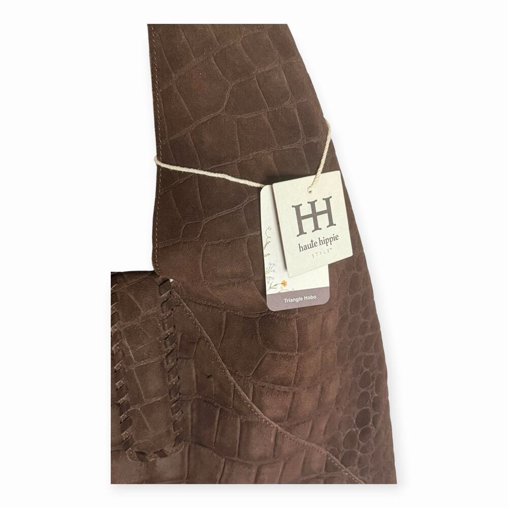 Haute Hippie Triangle Hobo Bag Brown Croc-Embossed Suede Leather Shoulder Purse - Picture 5 of 9